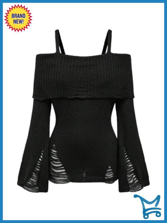 Other - Cold Shoulder Ripped Sweater Bell Sleeve Slim Fit Pullover Gothic Chic